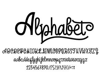 Latin alphabet. Font handwriting with upper and lowercase characters, numbers and symbols. Modern script of monolines.