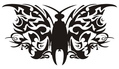 Ethnic butterfly formed from parrot heads elements. Unusual tribal black butterfly for an embroidery, an engraving, art of a tattoo and another on a white background