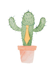 Funny character prickly cactus in tie and in a pot painted in watercolor on a white background