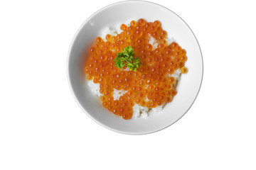 Ikura Don or Japanese Rice Bowl With Salmon Roe in white bowl isolated on white background