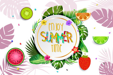 Fototapety  Summer design vector banner with fruits background and exotic palm leaves, hibiscus flowers and Enjoy Summer Time typography.