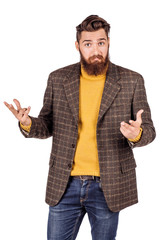 business man looking at camera and pointing finger up. image isolated over white background.