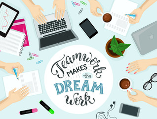 Fototapeta na wymiar Teamwork makes the dream work lettering. Business meeting vector illustration. Group of people working around the table in the office. Successful teamwork concept.