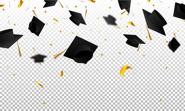 Graduate caps and confetti on a transparent background. Caps thrown up. Invitation card with diplomas.