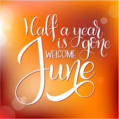 Half a year is gone, welcome june. Hello June lettering. Elements for invitations, posters, greeting cards. Seasons Greetings