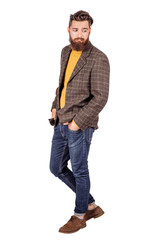 Naklejka premium Handsome young man with beard full height standing against white background.