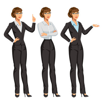 Woman in business suit with glasses. Elegant girl in different poses. Businesswoman or secretary, standing and gesturing. Stock vector, eps 10.