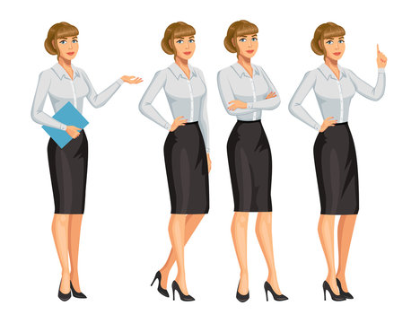 Woman in business style. Elegant blond girl in different poses. Consultant or secretary, standing and gesturing. Stock vector, eps 10.