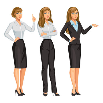 Woman in business suit with glasses. Elegant blond girl in different poses. Consultant or secretary, standing and gesturing. Stock vector, eps 10.