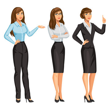 Woman in business suit with glasses. Elegant brunette girl in different poses. Consultant or secretary, standing and gesturing. Stock vector, eps 10.