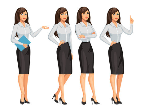 Woman in business style. Elegant brunette girl in different poses. Consultant or secretary, standing and gesturing. Stock vector, eps 10.