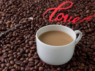 Cup of coffee with milk on background of coffee beans