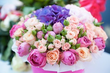 The composition is made by florists from fresh flowers.