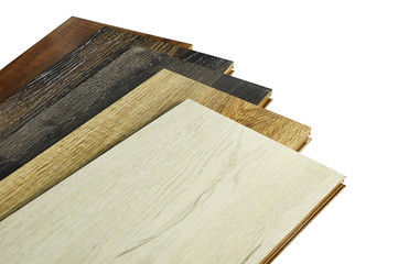 wood texture floor Samples of laminate, veneer, vinyl floor tile on isolate Background for new constuction or renovate building.