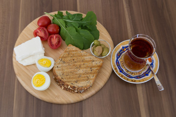 Breakfast concept. Egg, toast, olive and tomatoes on the plate. Tea concept.breakfast at the weekend. Sunday breakfast. healthy food