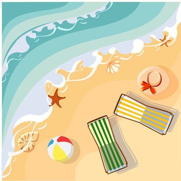 Vacation card with beach and deckchairs.
