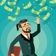 Happy Businessman Vector. Falling Money. Cash Rain. Bills Incomes. Celebrating Success. Flat Cartoon Character Illustration