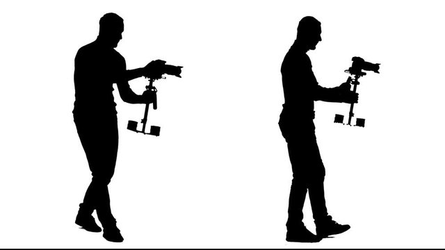 Cameraman steps with the camera and steadicam. White background. Silhouette. Side view. 2 in 1