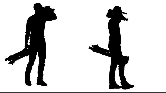 Cameraman comes with a tripod and a camera in his hands. White background. Silhouette. 2 in 1