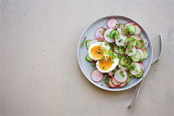 Fresh salad with radish, cucumber and egg. Gray wooden background
