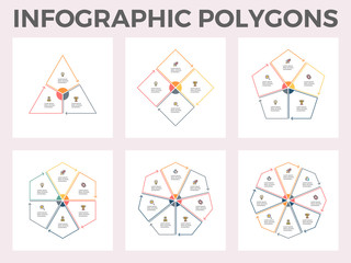 Infographic polygons. Triangle, square, pentagon, hexagon, heptagon, octagon. Vector templates. Editable line.