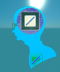Artificial intelligence 3D illustration. Professor CPU inside, technology, computing, electricity.