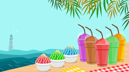 Summer background with view of seaside and fresh drinks, smoothies and shaved ice menu. Copy space for text.