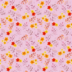 Seamless cute floral pattern with ditsy naive flowers, leaves. Watercolour painted art