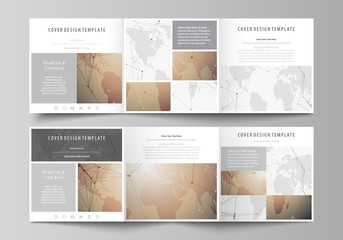 The abstract minimalistic vector illustration of the editable layout. Two creative covers design templates for square brochure. Global network connections, technology background with world map.