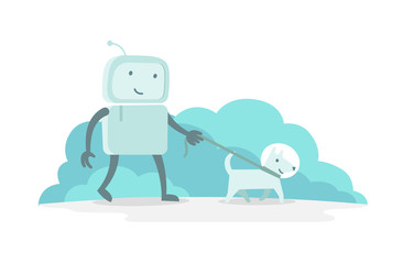 Robot character astronaut man walk with dog on a leash. Flat color vector illustration