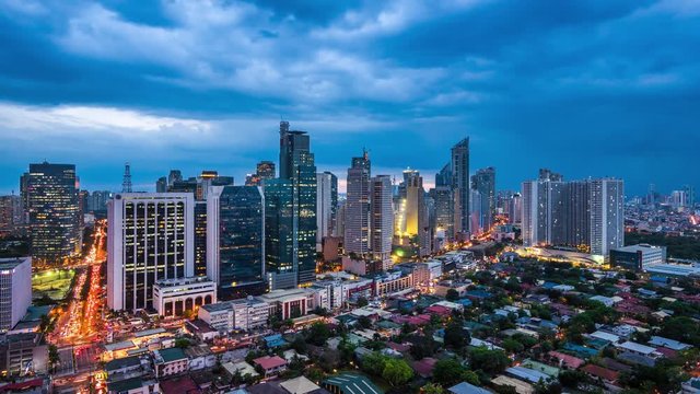 Metro Manila, Philippines, Day to Night Time Lapse View of Makati City