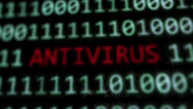 Antivirus red text between binary data background blue screen with depth of field in 4k