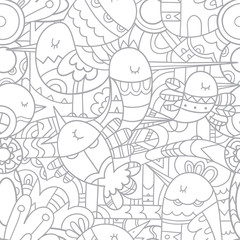 Seamless abstract pattern with cute cartoon birds on white  background. Vector contour image. Linear print.