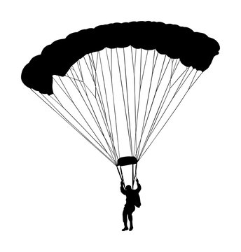 Parachutist in flight vector silhouette illustration isolated on white background. Insurance risk concept. Man in air jump. Skydiver acrobatics.