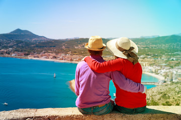 happy young couple travel in Europe, Spain, looking at scenic view