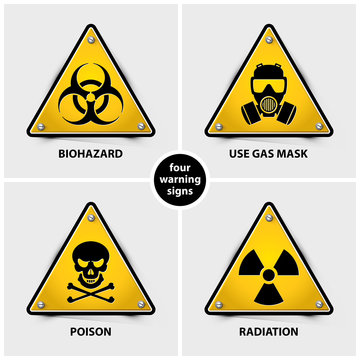 set of warning signs containing four official international hazard symbols, eps10 vector illustration