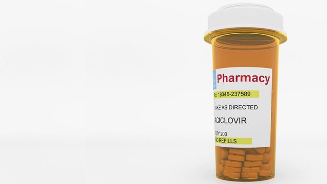 ACICLOVIR generic drug pills in a prescription bottle. Conceptual 3D animation