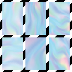 Holographic gradient mesh set vector illustration. Colorful iridescent pastel background.