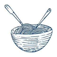 Doodle Sketchy Illustration: Hand drawn Chinese style noodle bowl with sticks isolated. Doodle Noodle Bowl Sketch etching Icon.