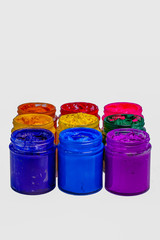 colorful of Plastisol ink in glass bottles.