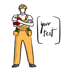 doodle yellow mechanic with a bag of equipments and big wrench on his hand vector illustration sketch hand drawn with black lines isolated on white background. Copyspace for text.