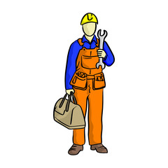doodle mechanic with a bag of equipments and big wrench on his hand vector illustration sketch hand drawn with black lines isolated on white background