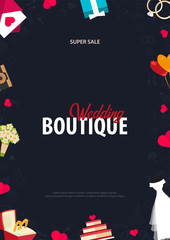 Wedding Boutique. Flat Wedding agency banner with hand draw doodle on a background. Vector illustration