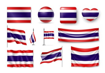 Set Thailand flags, banners, banners, symbols, flat icon. Vector illustration of collection of national symbols on various objects and state signs