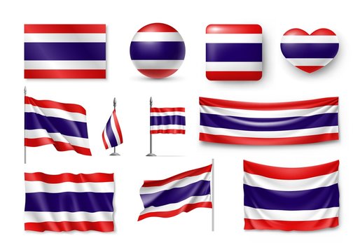 Set Thailand flags, banners, banners, symbols, flat icon. Vector illustration of collection of national symbols on various objects and state signs