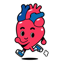 Heart character running isolated on white background.