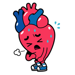 Vector heart character getting tired isolated on white background.
