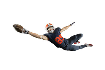 Isolated American football player catches the ball and fly in white background