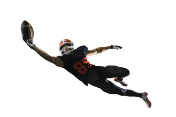 Isolated American football player catches the ball and fly in white background