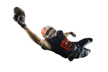Isolated American football player catches the ball and fly in white background